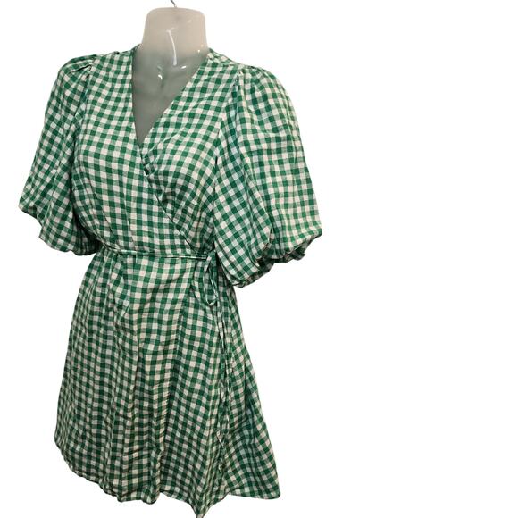 Old Navy Above The Knee Linen Waist-Defined Wrap Gingham Dress Green Medium - Picture 2 of 9
